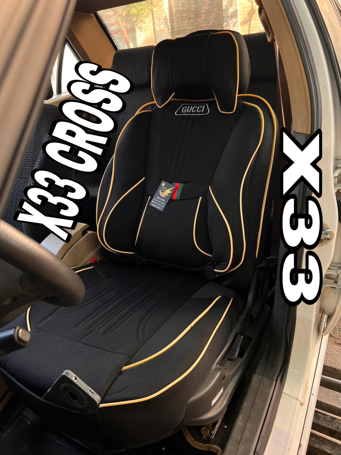 روکش صندلیX33 CROSSبرزنتی سنگین گرم بالا درجه۱مدل گوچی فول طبی خلبانی باجای موبایلی پدطبی سروگودی کوالیتی بالاوعالی مناسب ام وی ام ایکس۳۳کراس