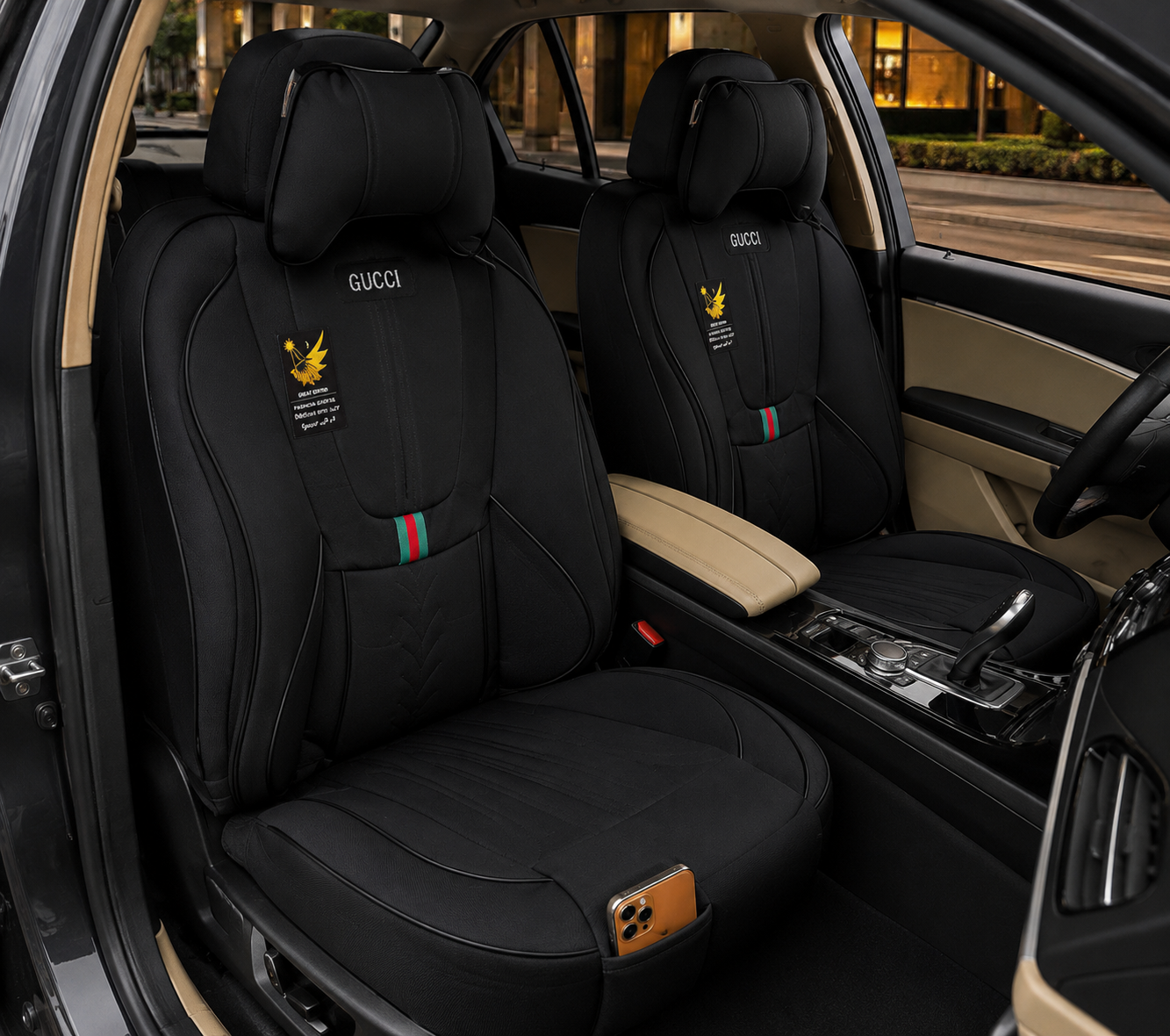 روکش صندلی پژو۴۰۵وپرشیاقدیم برزنتی مدل گوچی فول طبی خلبانی باجای موبایلی پدطبی سروگودی کمرمتریال عالی مناسب پرشیاقدیم پیکان اردی روا۴۰۵